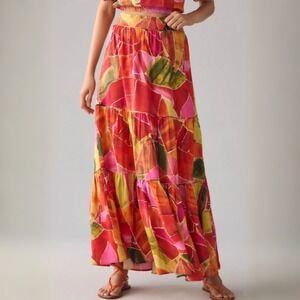 Farm Rio x Anthropologie Tiered Printed Maxi Skirt Size Small NWT